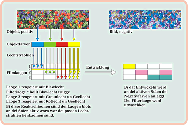 Afbild 1: Belechten und Entwickeln van ein Farvfilmnegativ. — Se köönt dat Bild dör Klick vergröttern! Trügge kaomt Sei wer mit den "Zurück"-Knoop up dei Symbollieste